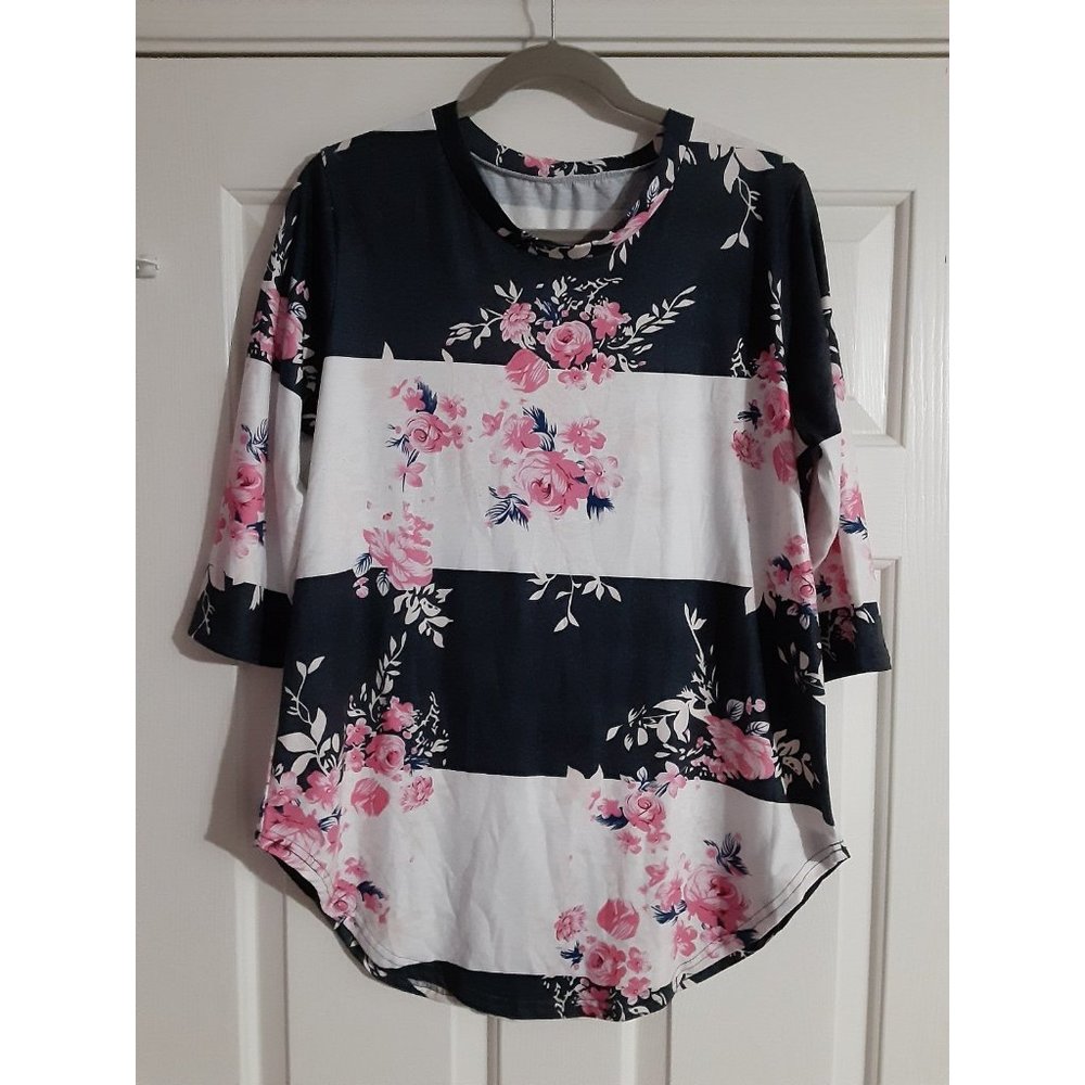 Floral Color Block Blouse Women Size Large Gray White Pink